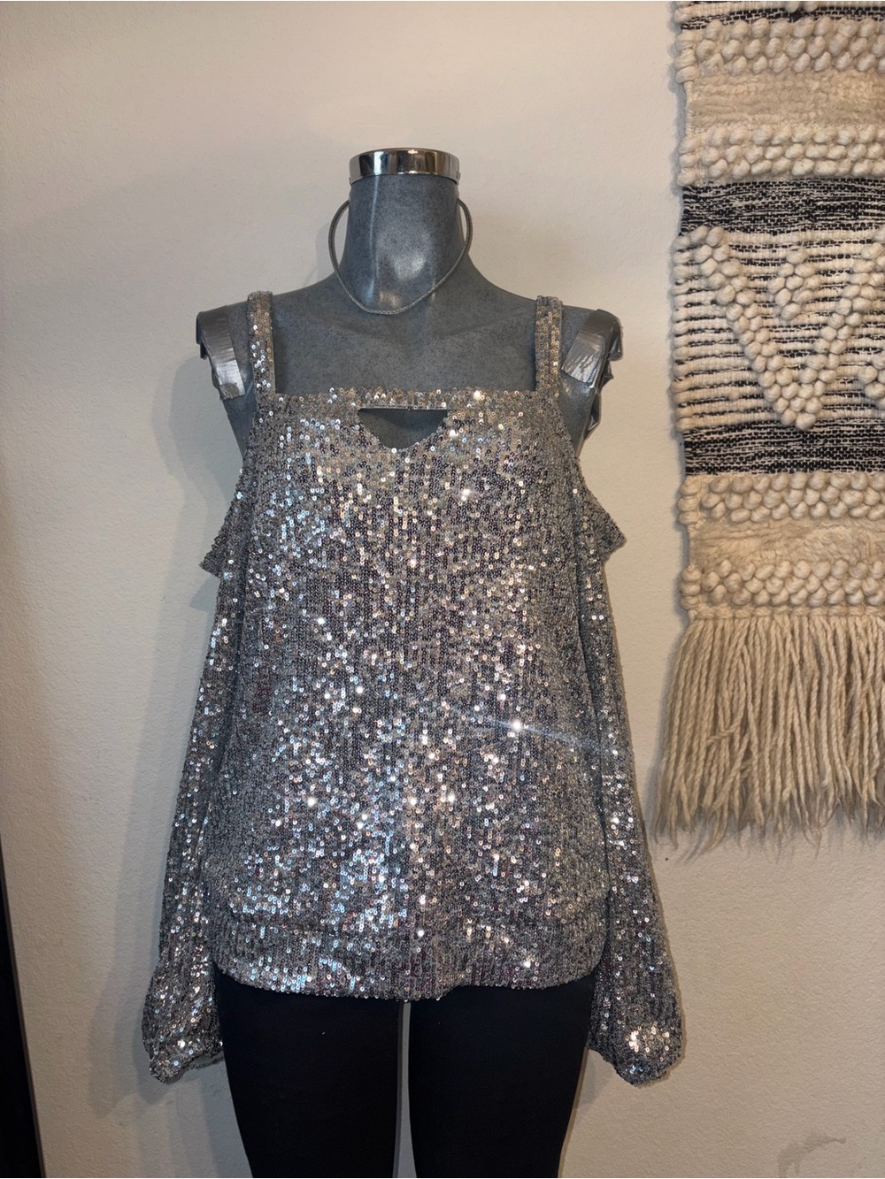 Cable & Gauge Silver Sequin Cold-Shoulder Blouse - Picture 3 of 5
